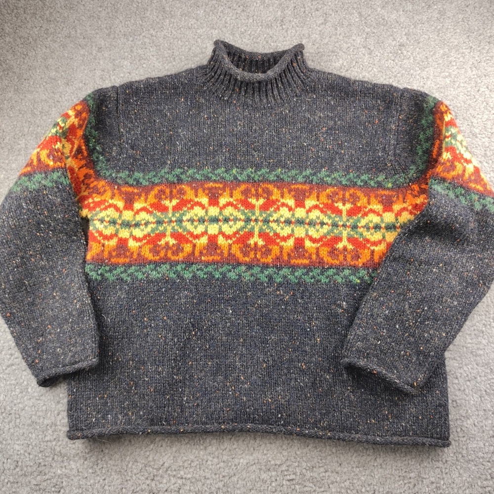 Vintage Wool Sweater Roll Neck Nordic Fair Isle Gray Size Small Women's